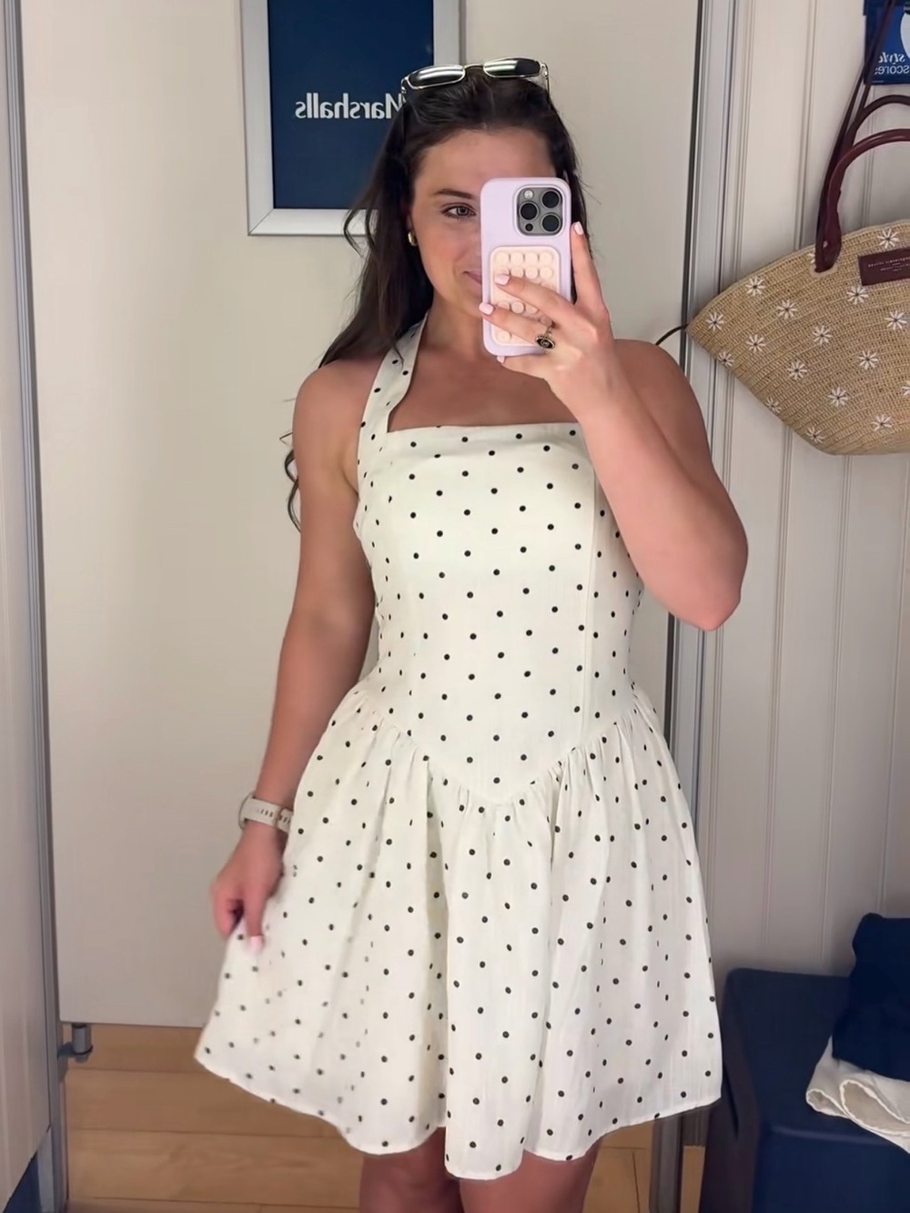 Sincerely Jules Cream Halter Mini Dress with Black Polka Dots